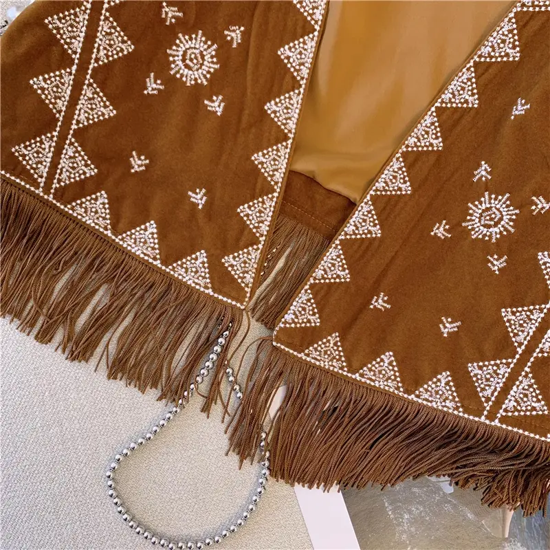 Bohemian National Style Western Denim Brown Suede Embroidered Tassels Vest Short and Versatile Sleeveless Jacket
