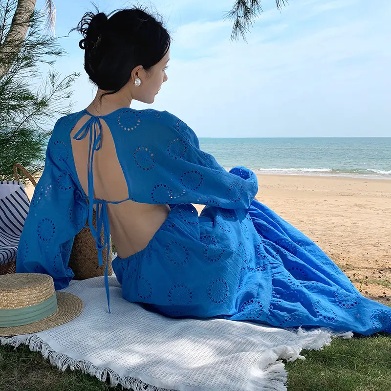 Women's Summer Fashion Retro Blue Hollow Out Long Dress Slim Embroidery Open Backless Holiday Dress