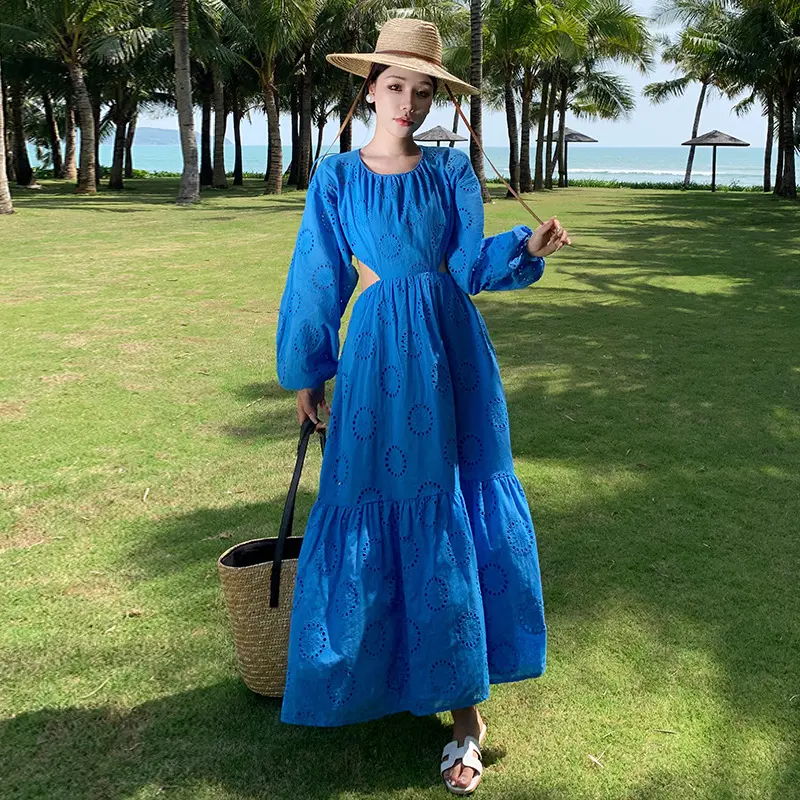 Women's Summer Fashion Retro Blue Hollow Out Long Dress Slim Embroidery Open Backless Holiday Dress