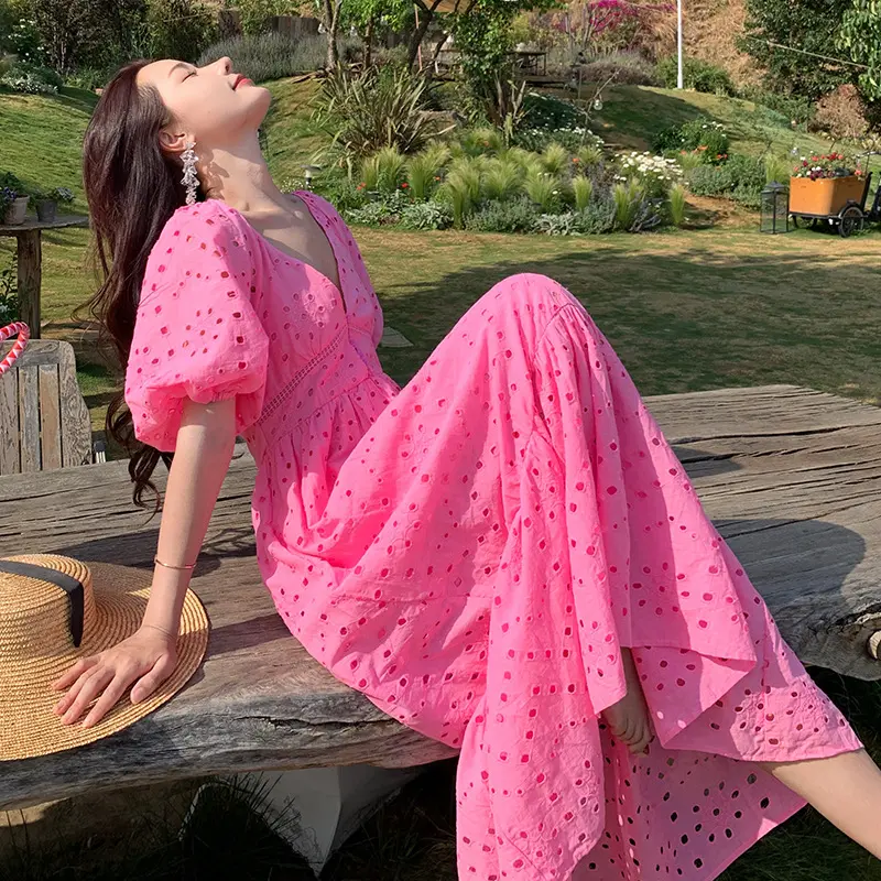Summer New Vintage Hollow Out Embroidery Short Sleeve Dress V-Neck Bubble Sleeve Sweet Long Dress