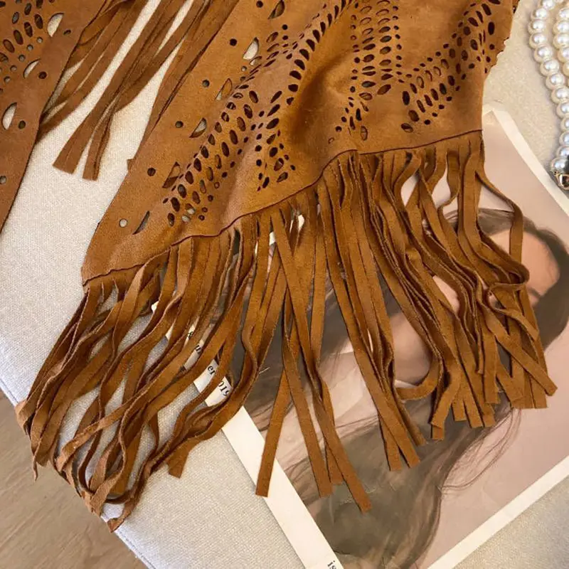 Women's Western Cowboy Wandering Style Retro Suede Fringe Hollow Out Thin Travel Vest