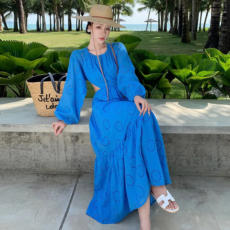 Women's Summer Fashion Retro Blue Hollow Out Long Dress Slim Embroidery Open Backless Holiday Dress