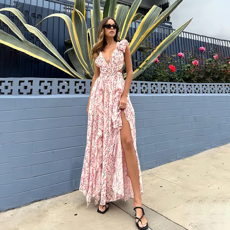 Summer Vacation Sexy Print Long Dress Deep V-Neck Backless Slim Fit Ruffled Floral Dress