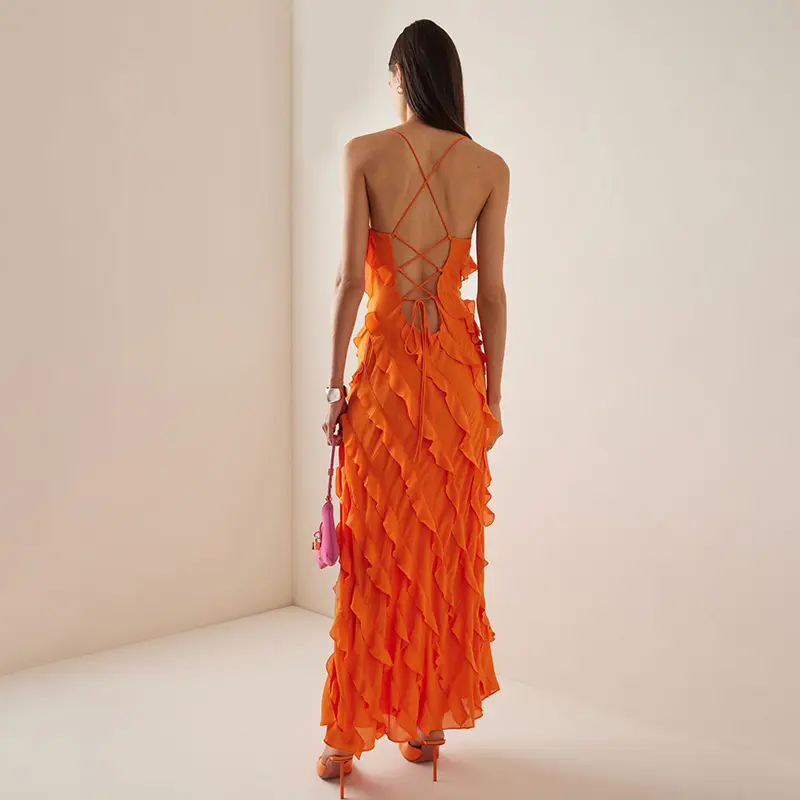 Summer New Temperament Ruffle Slip Dress Off Shoulder Dress Sexy Backless Strapping Long Skirt