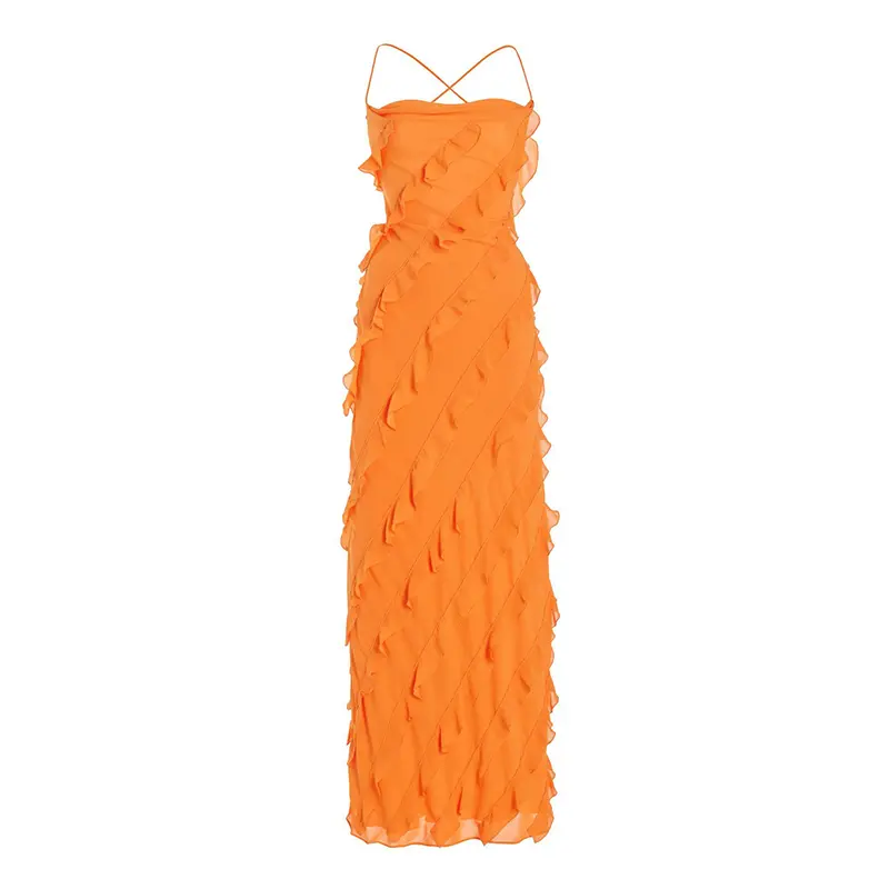 Summer New Temperament Ruffle Slip Dress Off Shoulder Dress Sexy Backless Strapping Long Skirt
