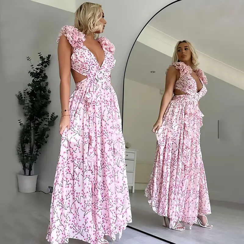 Summer Vacation Sexy Print Long Dress Deep V-Neck Backless Slim Fit Ruffled Floral Dress