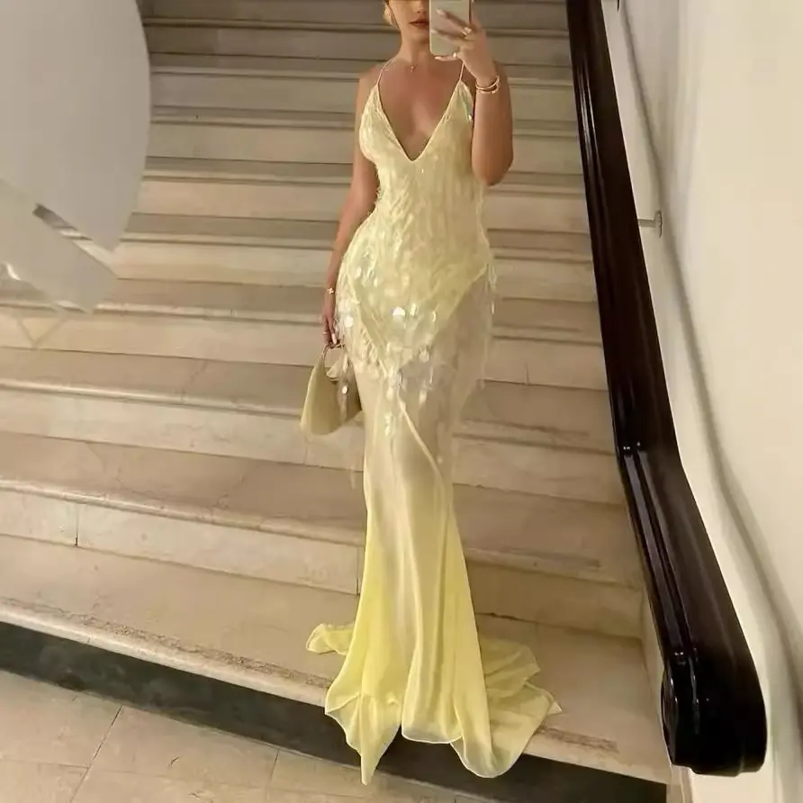 Summer Sexy Sleeveless Camisole Backless Slim Fit Pearl Fish Tail Dress Long Skirt