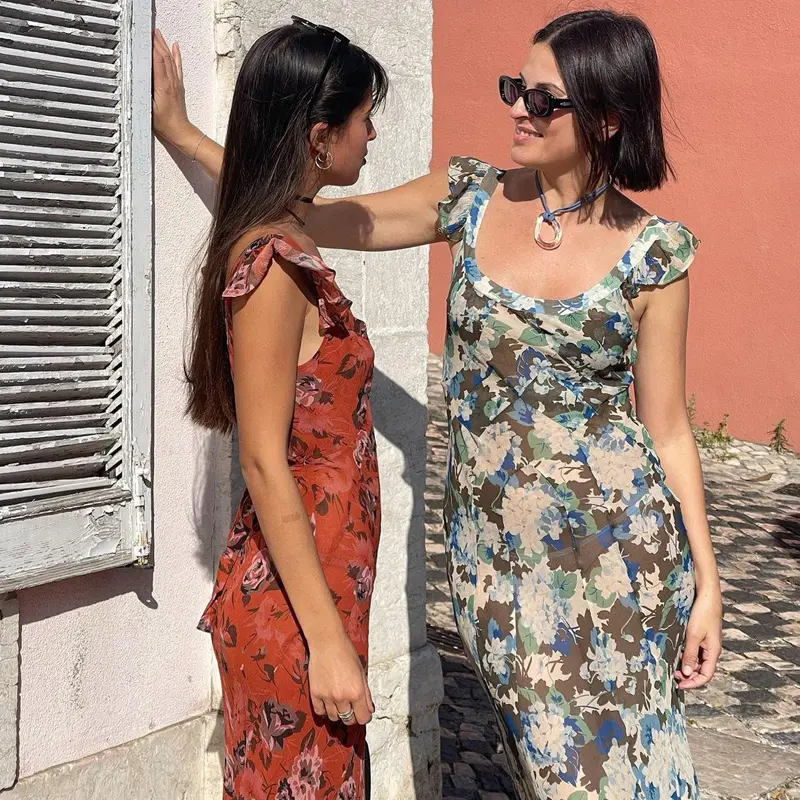 French Retro U-shaped Square Neck Red Floral Long Dress Sexy Slim Fit Ruffled Edge Dress