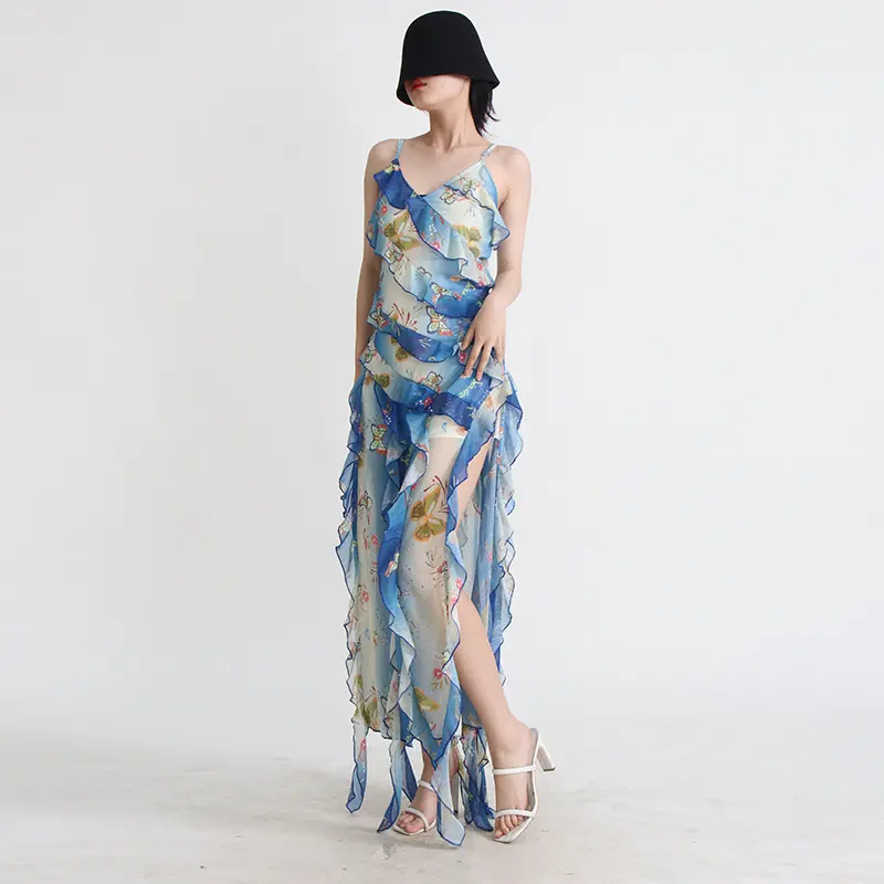 European and American Party Sexy Dress Summer Strap V-Neck Side High Split Ruffle Fringe Dress