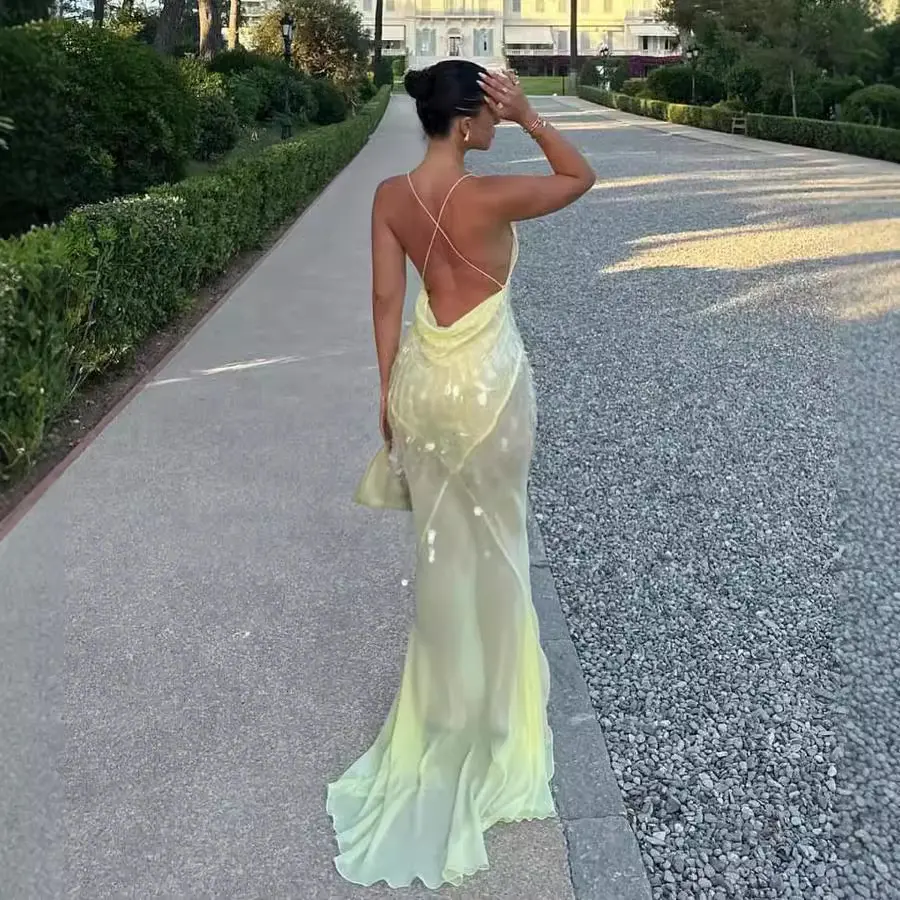 Summer Sexy Sleeveless Camisole Backless Slim Fit Pearl Fish Tail Dress Long Skirt
