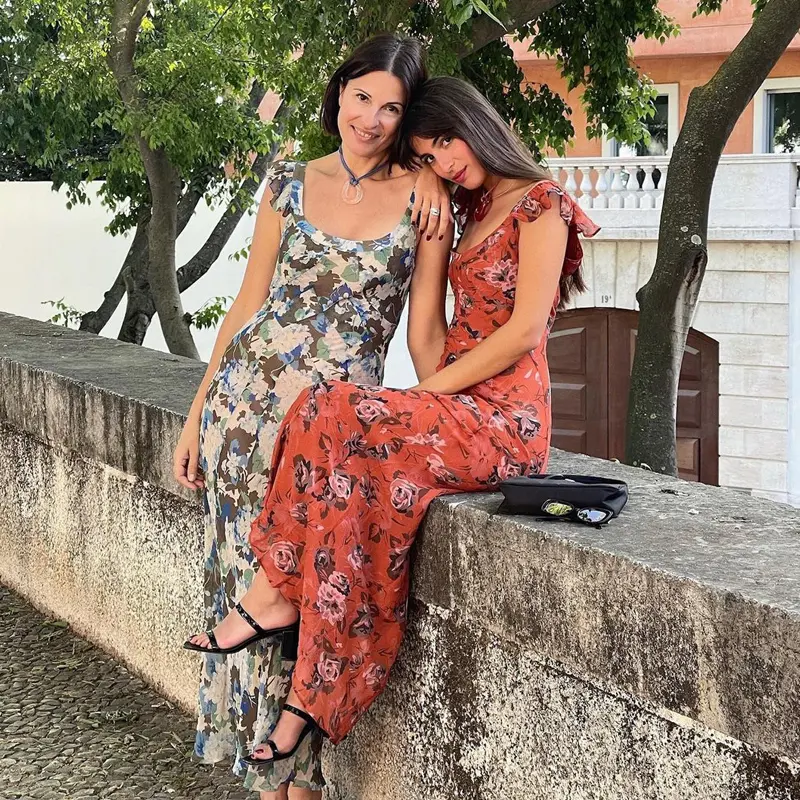 French Retro U-shaped Square Neck Red Floral Long Dress Sexy Slim Fit Ruffled Edge Dress