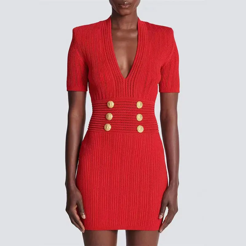 French Style V-neck Waistband Knitted Dress Women's Summer High-end Slim Fitting Slimming Buttocks Wrapped Skirt