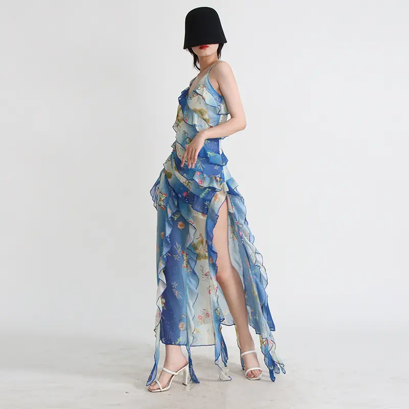 European and American Party Sexy Dress Summer Strap V-Neck Side High Split Ruffle Fringe Dress