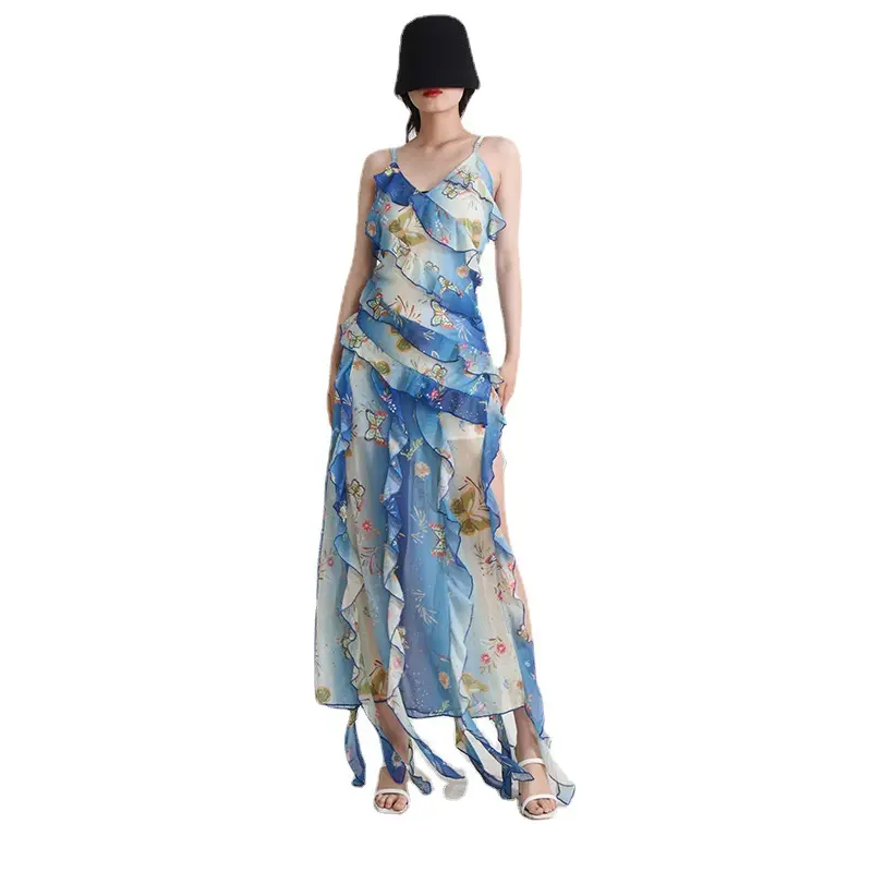 European and American Party Sexy Dress Summer Strap V-Neck Side High Split Ruffle Fringe Dress