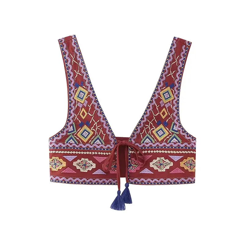 Exotic Charm Bohemian Ethnic Style Contrasting Tassel Lace Up Casual Vest Women's Embroidered Cardigan Top