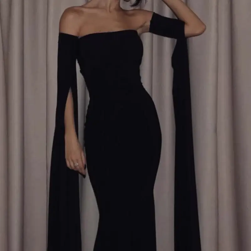 Charming Magnetic Field Black Bra Slim Fit Long Dress Hollow Out One Shoulder Dress Sexy