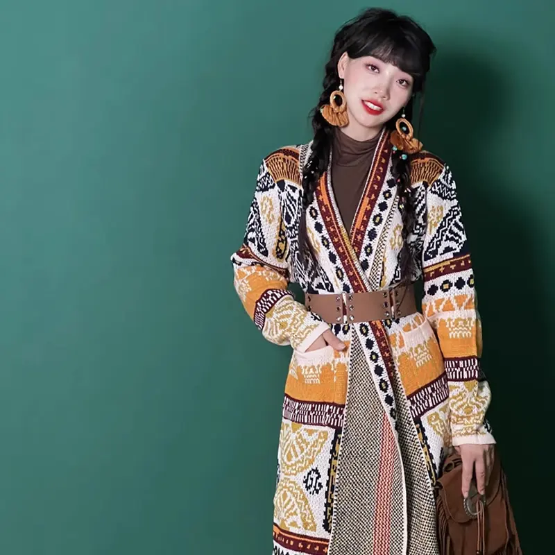 Women's Bohemian National Style Loose Medium Long Sweet Tassels Wear Jacket Knitted Long-sleeved Sweater Cardigan Autumn Winter