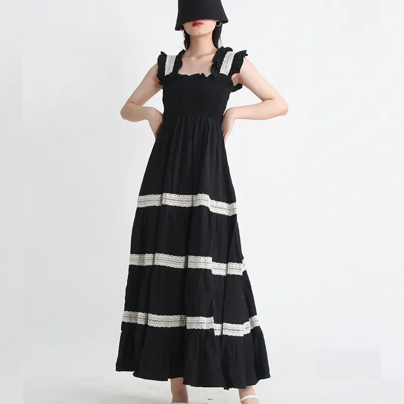 Women's Summer French Palace Retro Style Square Neck Strap Wooden Ear Edge Design Mid Waist Solid Color Long Dress