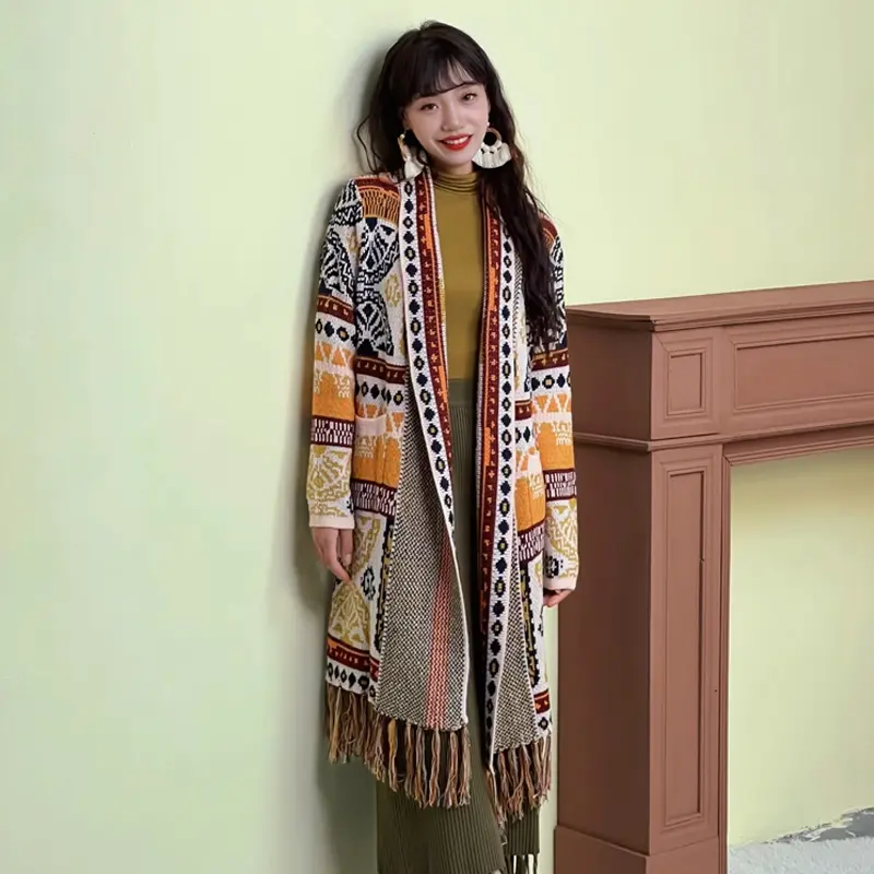 Women's Bohemian National Style Loose Medium Long Sweet Tassels Wear Jacket Knitted Long-sleeved Sweater Cardigan Autumn Winter