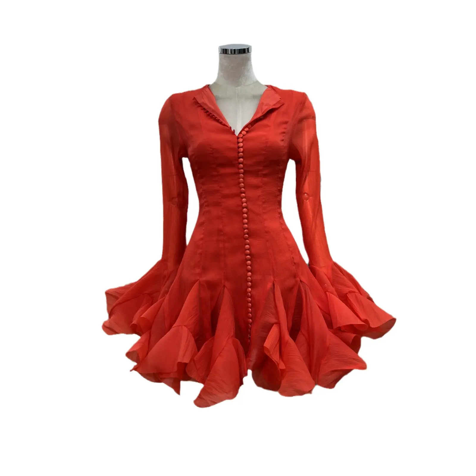 Gentle and Ladylike Autumn Niche Design Sense Single Breasted Flower Bud Red Dress Waist Cinching Temperament Short Skirt