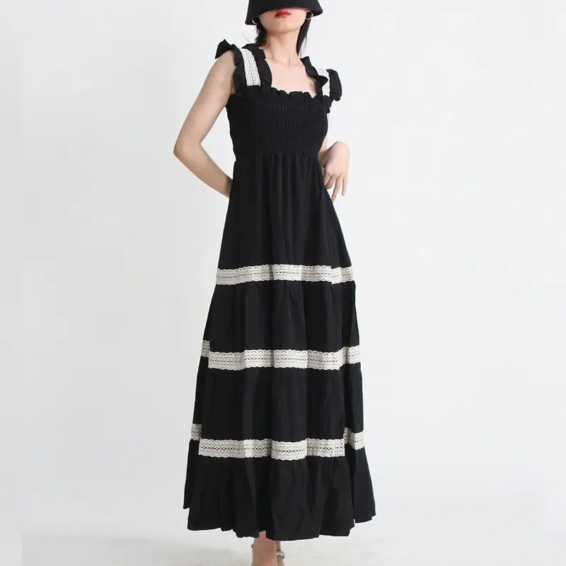 Women's Summer French Palace Retro Style Square Neck Strap Wooden Ear Edge Design Mid Waist Solid Color Long Dress