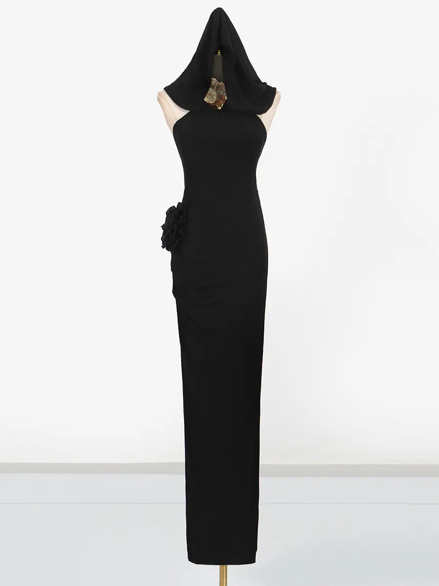 Women's Hanging Neck Dress Long Skirt Niche Metal Buckle Decoration Slim Fit and Slimming Long Dress