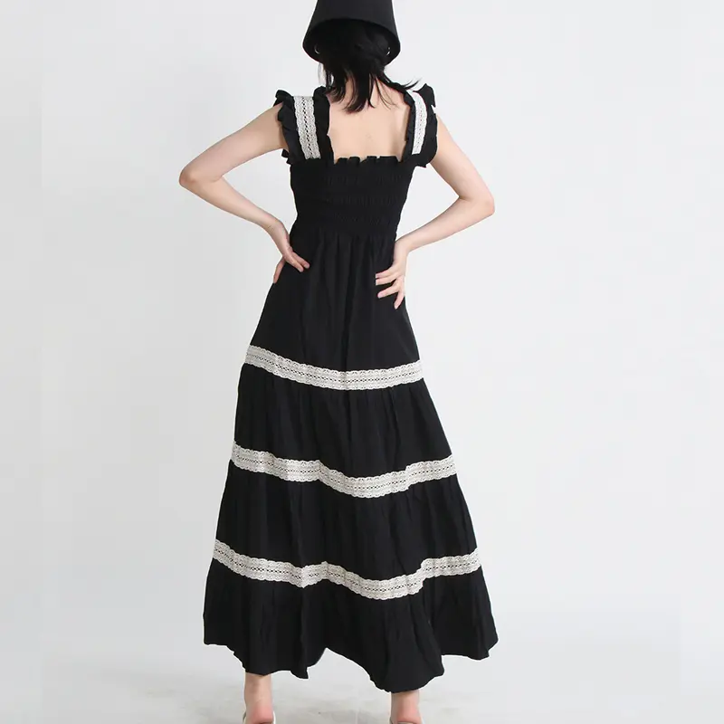 Women's Summer French Palace Retro Style Square Neck Strap Wooden Ear Edge Design Mid Waist Solid Color Long Dress