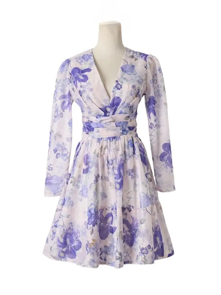 Small Niche Court Style Spring and Summer New V-neck Purple Print Vacation Style Long Sleeved Temperament A-line Short Dress