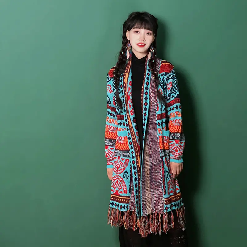 Women's Bohemian National Style Loose Medium Long Sweet Tassels Wear Jacket Knitted Long-sleeved Sweater Cardigan Autumn Winter