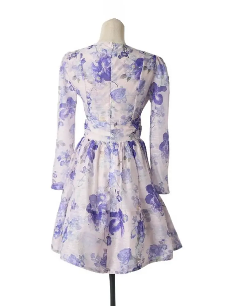 Small Niche Court Style Spring and Summer New V-neck Purple Print Vacation Style Long Sleeved Temperament A-line Short Dress