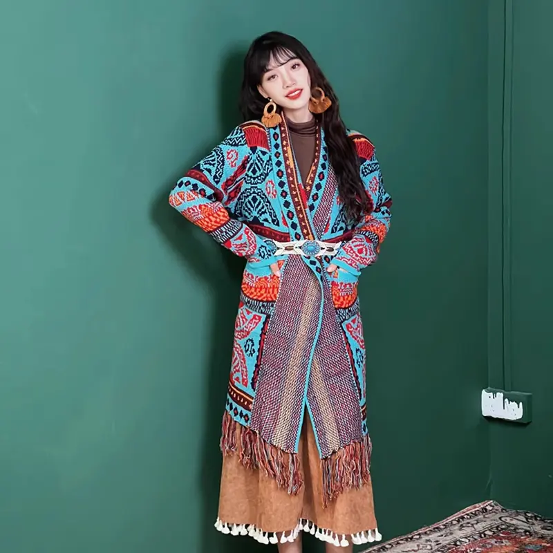 Women's Bohemian National Style Loose Medium Long Sweet Tassels Wear Jacket Knitted Long-sleeved Sweater Cardigan Autumn Winter