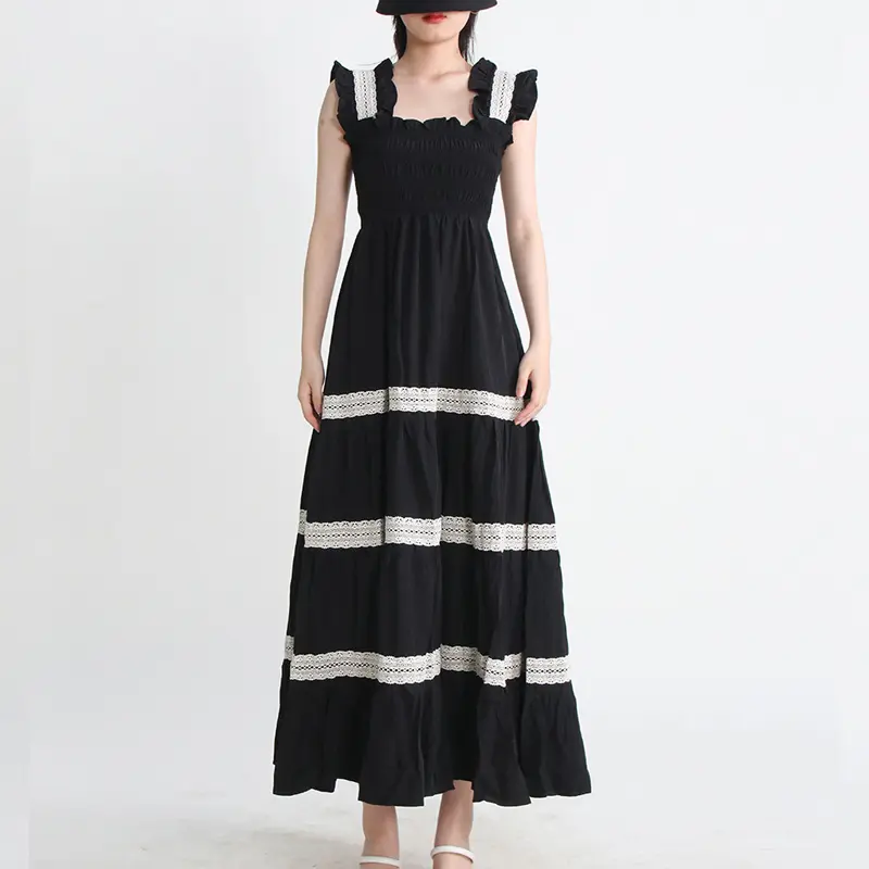Women's Summer French Palace Retro Style Square Neck Strap Wooden Ear Edge Design Mid Waist Solid Color Long Dress