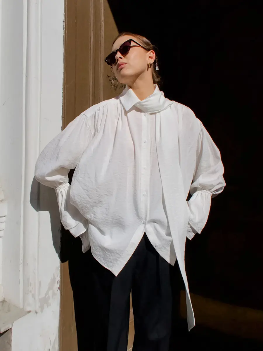Autumn and Winter Commuting Crepe Material White Fashionable Flared Sleeve Loose Design Feeling Tied Casual Versatile Shirt