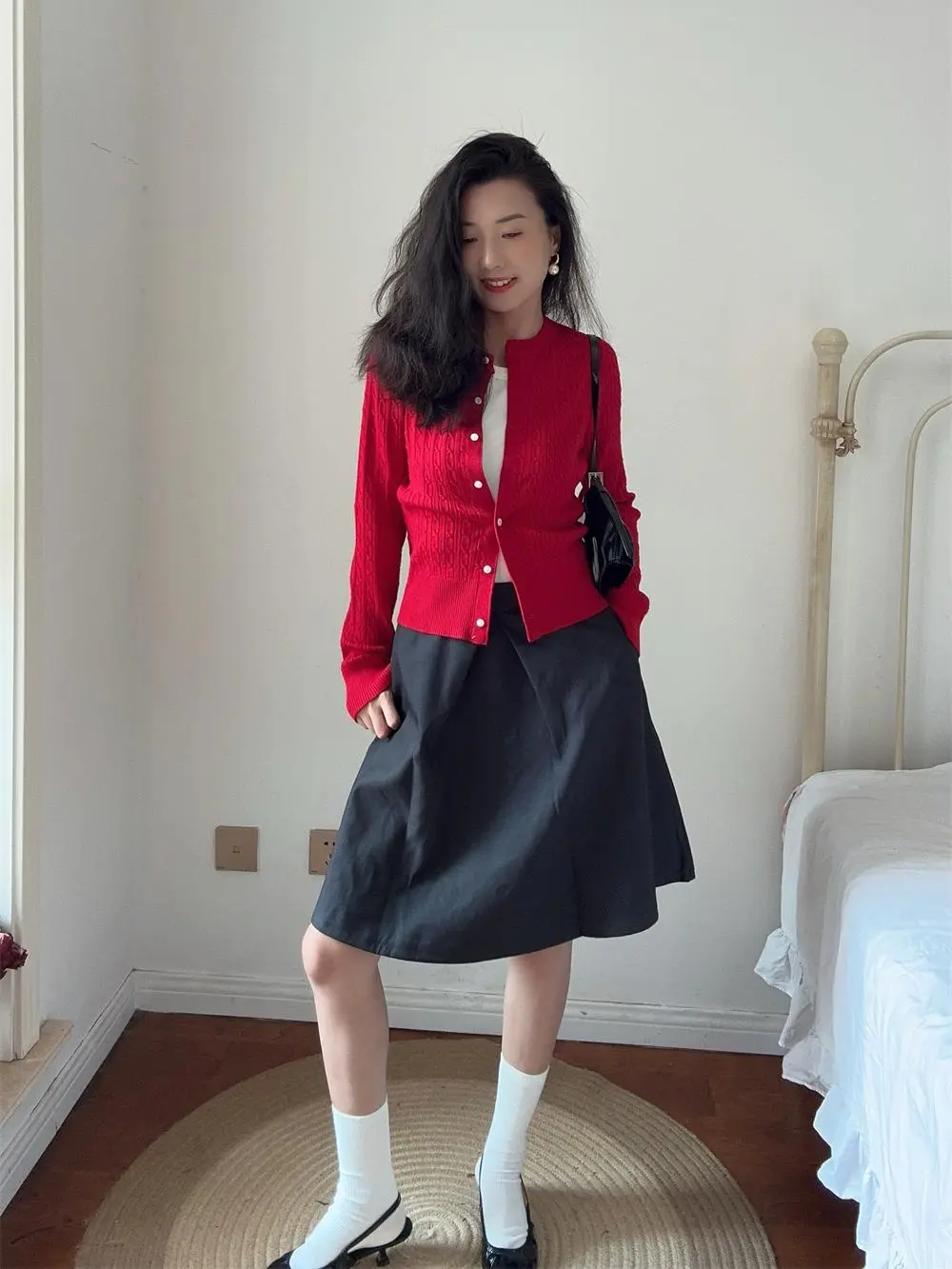 Vintage Christmas Red Long Sleeve Twisted Flower Knit Slim Twisted Thick Sweater Women's Cardigan