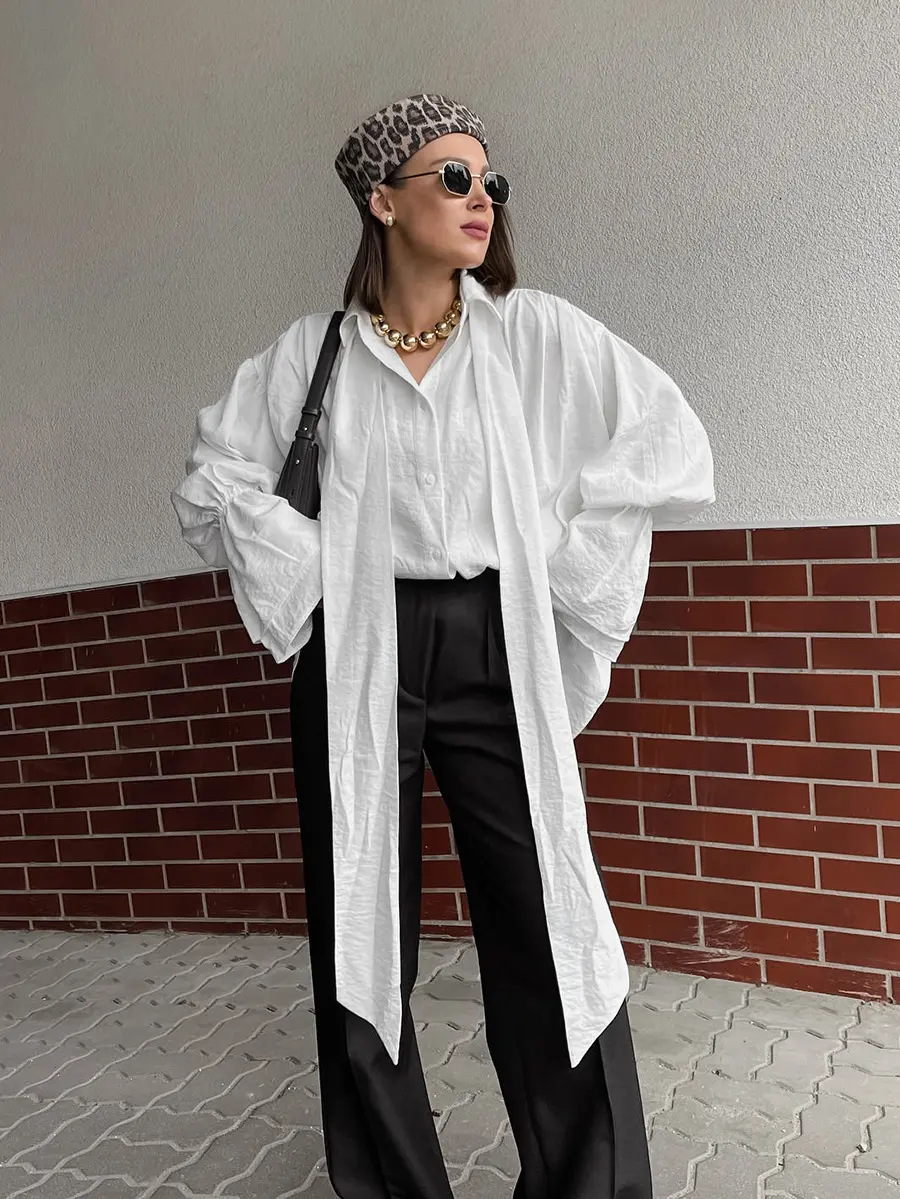 Autumn and Winter Commuting Crepe Material White Fashionable Flared Sleeve Loose Design Feeling Tied Casual Versatile Shirt