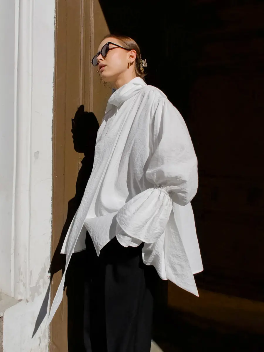 Autumn and Winter Commuting Crepe Material White Fashionable Flared Sleeve Loose Design Feeling Tied Casual Versatile Shirt