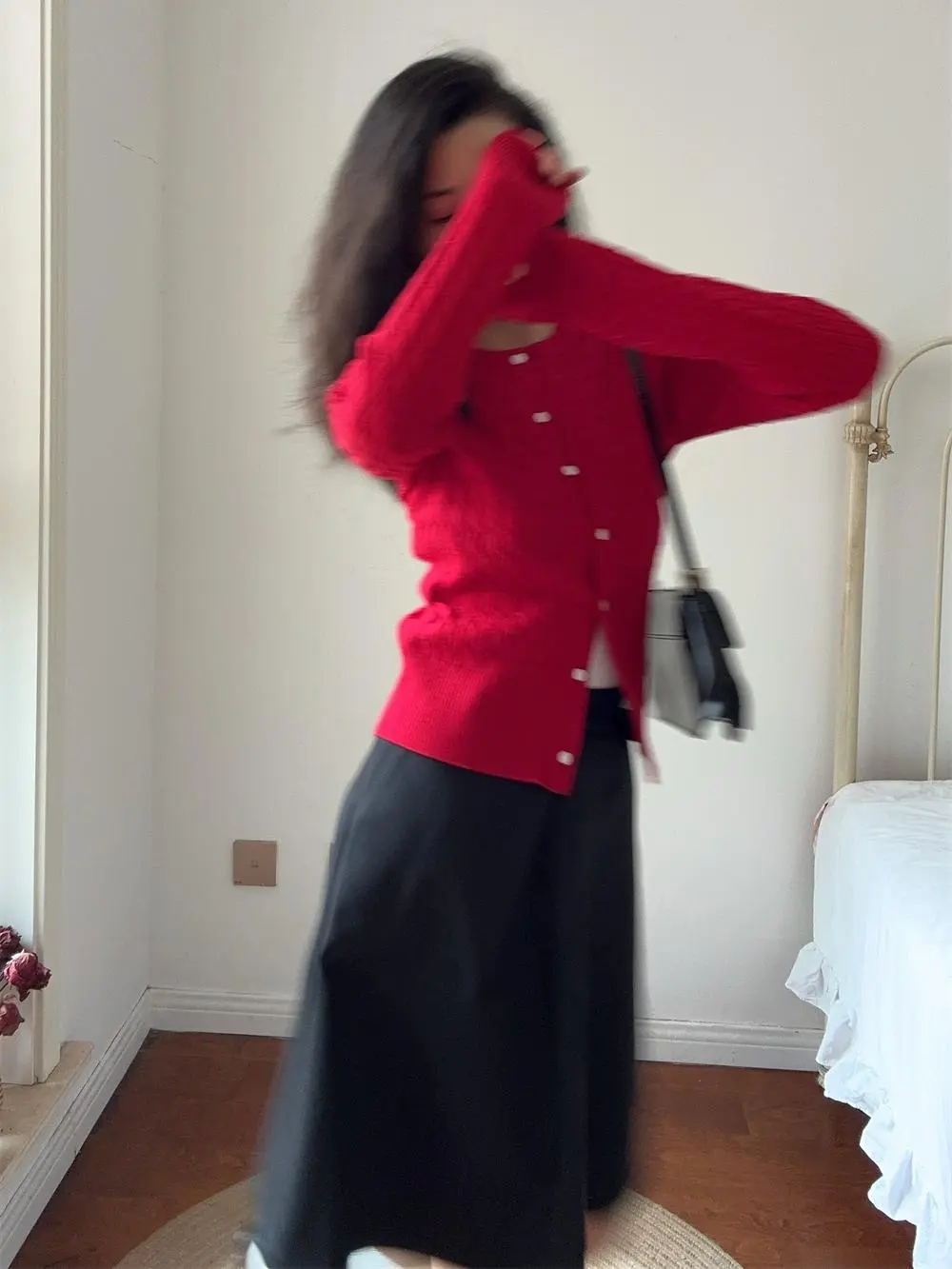 Vintage Christmas Red Long Sleeve Twisted Flower Knit Slim Twisted Thick Sweater Women's Cardigan