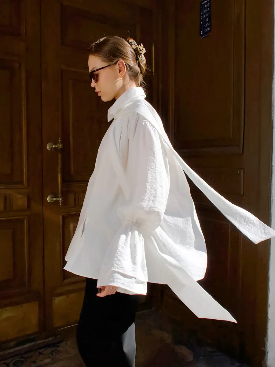 Autumn and Winter Commuting Crepe Material White Fashionable Flared Sleeve Loose Design Feeling Tied Casual Versatile Shirt