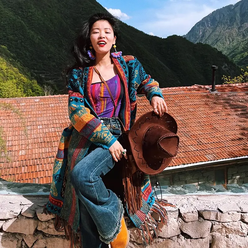 Travelling Poet Bohemian Autumn Winter Ethnic Style Knitted Sweater Coat Women's Vintage Tassel Warm Loose Mid length Cardigan