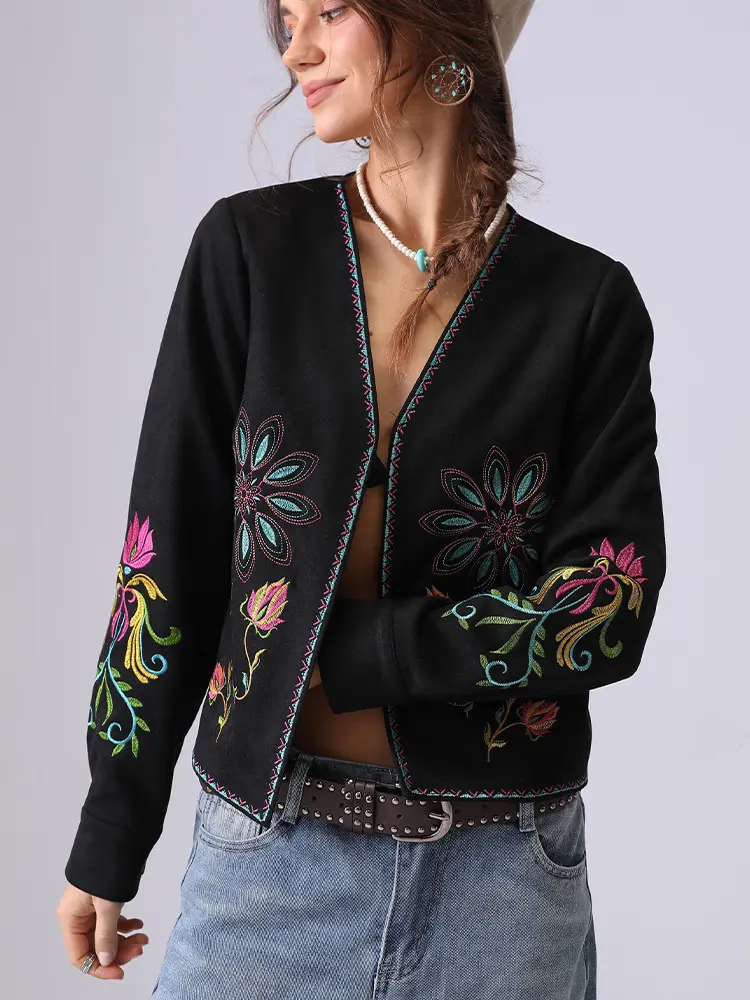 Early Spring French Heavy Industry Embroidery Jacket Coat Suede Ethnic Style Long Sleeve Cardigan Top for Women