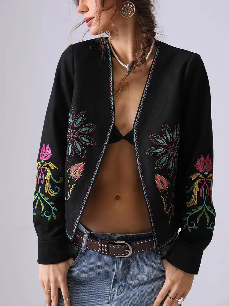 Early Spring French Heavy Industry Embroidery Jacket Coat Suede Ethnic Style Long Sleeve Cardigan Top for Women