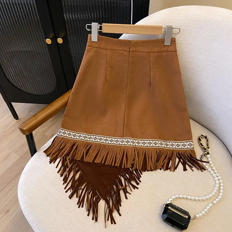 Retro Ethnic Style Irregular Embroidery Tassel Short Skirt Suede Wandering Half Skirt