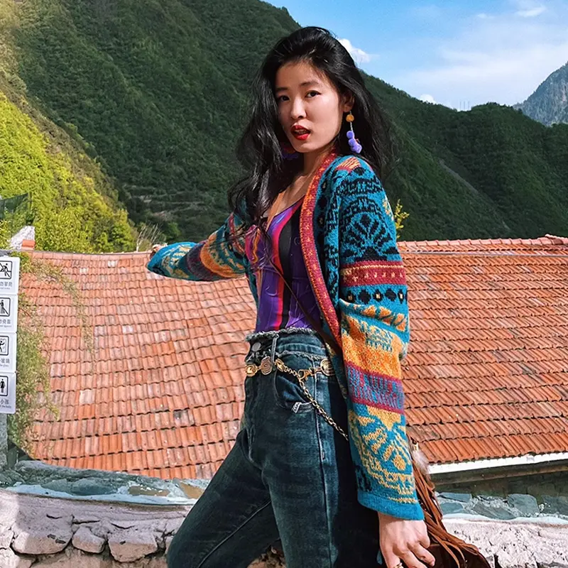 Travelling Poet Bohemian Autumn Winter Ethnic Style Knitted Sweater Coat Women's Vintage Tassel Warm Loose Mid length Cardigan