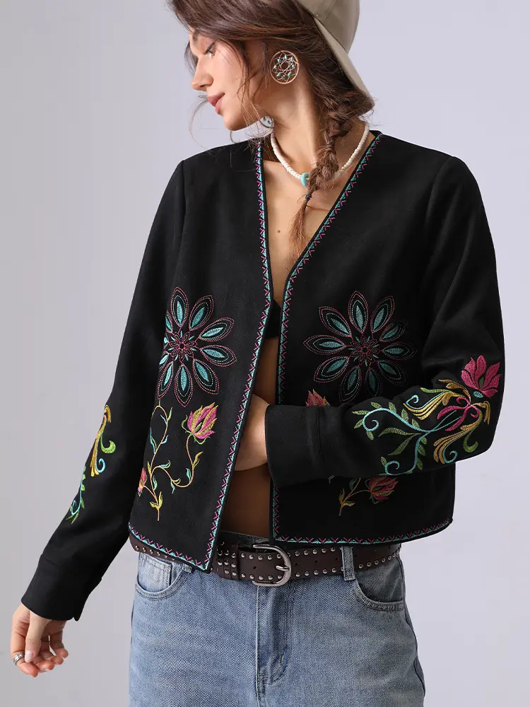 Early Spring French Heavy Industry Embroidery Jacket Coat Suede Ethnic Style Long Sleeve Cardigan Top for Women