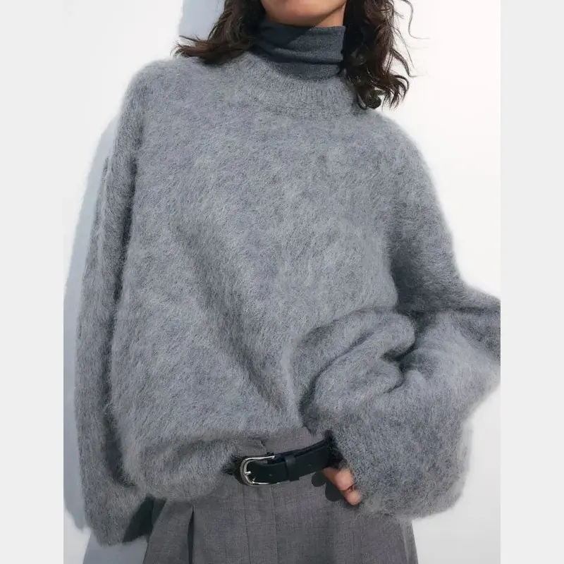 Autumn and Winter Women's Loose and Lazy Silhouette Round Neck Solid Color Long Velvet Sweater Knitted Top