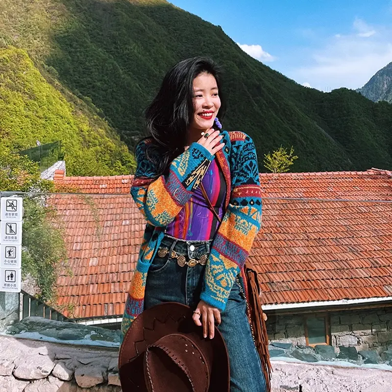 Travelling Poet Bohemian Autumn Winter Ethnic Style Knitted Sweater Coat Women's Vintage Tassel Warm Loose Mid length Cardigan