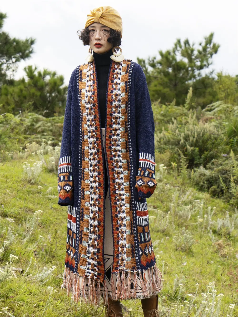 Autumn and Winter Bohemian Women Retro Fringed Cardigan National Wind Mid-length Sweater Loose Knit Jacket