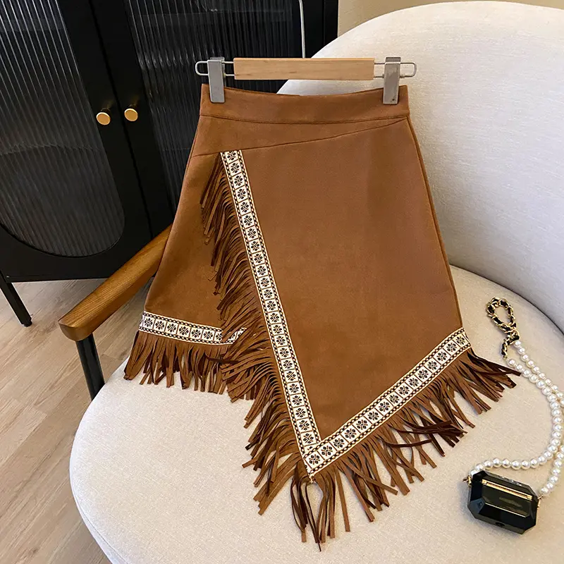 Retro Ethnic Style Irregular Embroidery Tassel Short Skirt Suede Wandering Half Skirt