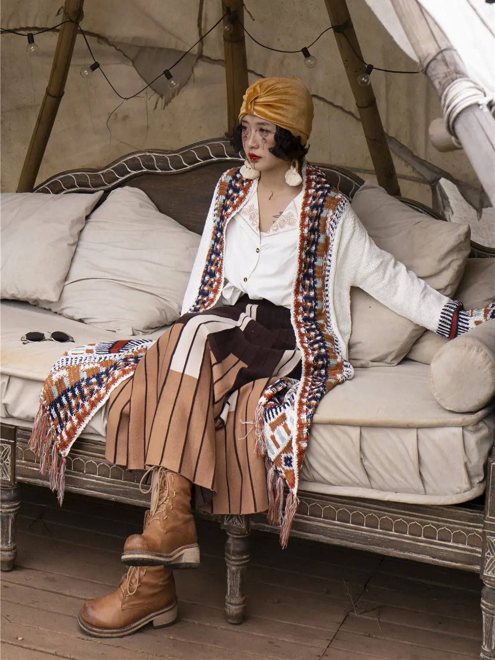 Autumn and Winter Bohemian Women Retro Fringed Cardigan National Wind Mid-length Sweater Loose Knit Jacket