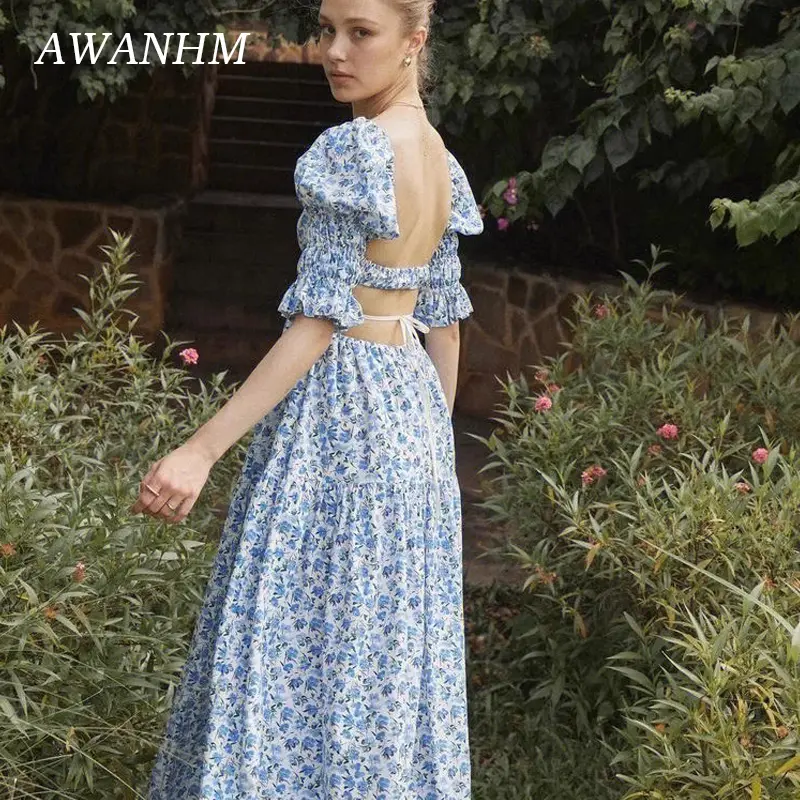 Summer Women's Bubble Sleeve Floral Dress Square Neck Backless Beach Holiday Fairy Long Dress